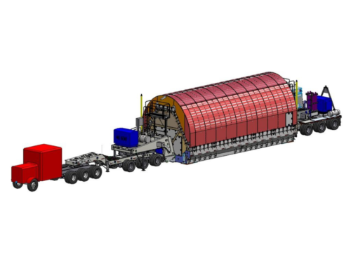 Computer aided design of transporter for NASA’s James Webb Space Telescope attached to truck made in Dassault Solidworks